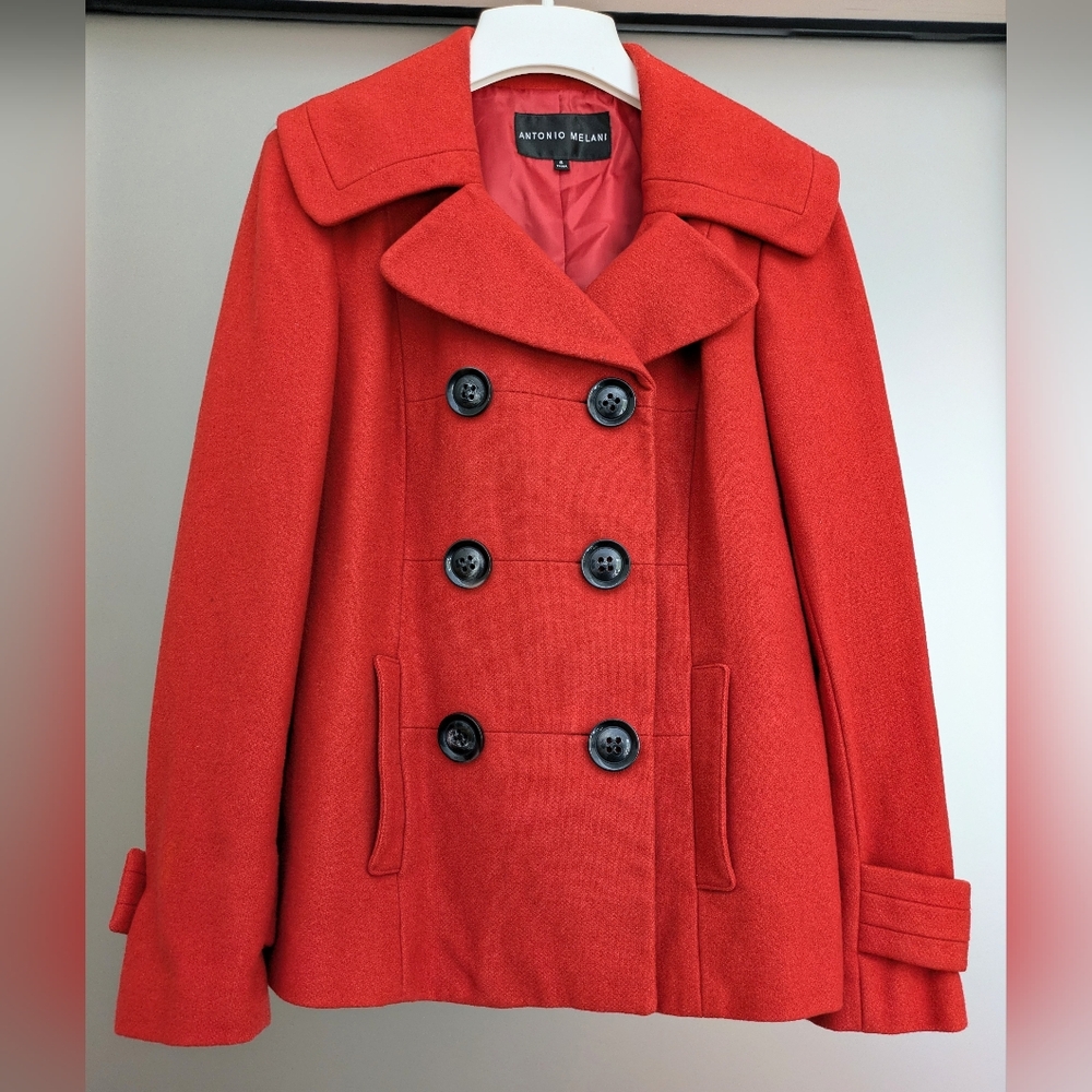 Antonio Melani burnt orange wool pea coat with double breasted buttons